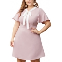 Womens Plus Size Chic Bow-Tied Collar Short Sleeve Pink Mini A-Line Dress