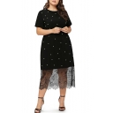 Women's Unique Polka Dot Short Sleeve Round Neck Lace Patch Midi Black Dress