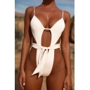 Womens Summer Sexy Cut Out Tied Waist Solid Color Spaghetti Straps Slim Fit One Piece Swimwear
