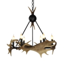 Metal and Resin Candle Chandelier with Antlers Decoration 6 Lights Antique Style Hanging Light