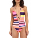 New Trendy Women's Colorful Striped Printed Sexy Cut Out One Piece Swimsuit Swimwear