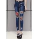 Fashion Chic Floral Embroidery Mesh Panel Dark Blue Slim Fit Jeans for Women