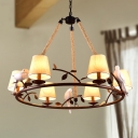 Vintage Style Ring Chandelier with Tapered Shade and Bird Decoration 3/6 Lights Metal and Fabric Pendant Light