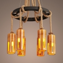 6/8 Lights Cylinder Chandelier Vintage Style Bamboo and Rope Ceiling Light in Brown for Coffee Shop