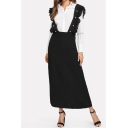 Womens Unique Ruffled Strap Solid Color Maxi Black Pinafore Skirt