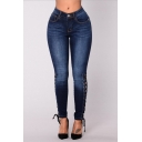 Summer New Fashion Dark Blue Lace-Up Side Womens Skinny Fit Jeans