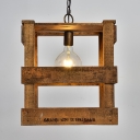 Beige Square Cage Hanging Light 1 Light Rustic Style Wood Ceiling Light for Dining Room Bar
