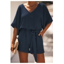 Summer Womens Casual Loose V-Neck Short Sleeve Tied Waist Plain Playsuits Rompers