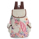 Leisure Unicorn Floral Pattern Linen Khaki School Backpack 28*11*39 CM