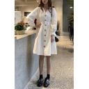 Girls New Stylish Solid Color V-Neck Long Sleeve Button Front Midi White A-Line Dress
