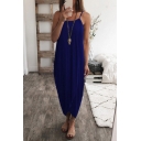 Womens Hot Fashion Simple Solid Color Sleeveless Maxi Casual Asymmetrical Cami Dress