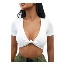 Summer Retro Sexy Knotted Plunged V-Neck Short Sleeve Cropped T-Shirt for Women