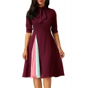 Summer Hot Fashion Solid Color Tied Stand Collar Half Sleeve Midi A-line Dress For Women