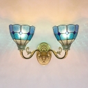 Hallway Domed Wall Sconce Stained Glass 2 Lights Mediterranean Style Blue Sconce Light