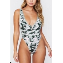 Popular Camouflage Printed Plunged Neck Low Back High Leg Green One Piece Swimsuit Swimwear for Women