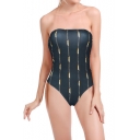 Trendy Vertical Striped Printed Knotted Back Bandeau One Piece Swimsuit Swimwear