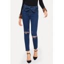 Women's New Trendy Tied Waist Distressed Ripped Knee Stretch Fit Blue Jeans