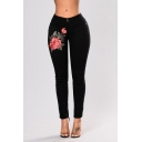 Chic Floral Embroidery Women's Stretch Slim Fit Black Jeans