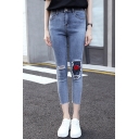 New Trendy Floral Embroidered Destroyed Ripped Blue Cropped Slim Fit Jeans for Women