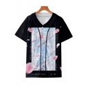 New Trendy Floral Printed V-Neck Short Sleeve Button Front Black Baseball Shirt