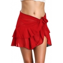 Summer Basic Solid Color Tied Side Holiday Beach Chiffon Mini Wrap Skirt