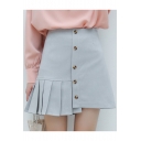 Light Grey Blue High Rise Girls Button Down Pleated Mini A-Line Asymmetrical Skirt