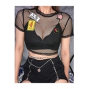 New Stylish Funny Logo Patched Short Sleeve Slim Fit Sheer Hollow Out Mesh Cropped Black T-Shirt