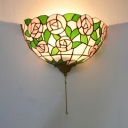 Tiffany Style Rustic Wall Light Stained Glass Pink Rose Pattern Wall Lamp for Dining Room Foyer