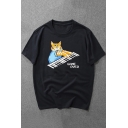 Funny Cartoon Cat Game Over Print Short Sleeve Loose Cotton Tee