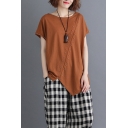 Summer Chic Beading Embellished Solid Color Round Neck Relaxed Asymmetrical T-Shirt