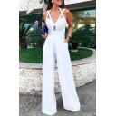 Women's Solid Color Halter Neck Criss Cross Wide Leg Long Pants White Jumpsuits Rompers