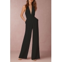 Women's New Fashion Solid Color Sexy Halter Plunged Neck Wide-Leg Jumpsuits with Pockets