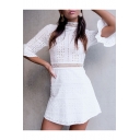 Womens Sexy Hollow Out Lace High Neck Flared Cuff White Mini A-Line Dress