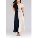 Women's Plus Size Elegant V-Neck Short Sleeve Navy and Beige Colorblock Maxi Dress