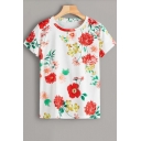 Summer Chic Floral Printed Round Neck Basic Short Sleeve White T-Shirt