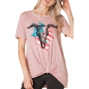 Cattle Flag Printed Round Neck Short Sleeve Plus Size Basic Knotted T-Shirt