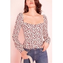 Womens New Trendy Vintage Floral Printed Square Neck Long Sleeve White Cropped Slim Blouse Top