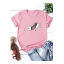 Funny Creative Spring Cat Printed Basic Round Neck Short Sleeve Cotton T-Shirt
