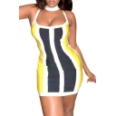 Women's Color Block Stripe Straps Sleeveless Mini Bodycon Dress