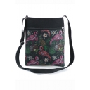 Fashion Flamingo Floral Plants Printed Black Shoulder Messenger Bag 22.5*27 CM