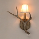 Single Light Antlers Sconce with White Tapered Shade Vintage Resin Wall Lamp for Coffee Shop