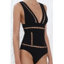Women's Sexy Hollow Out Plunged Neck Black Maillot One Piece Swimsuit Swimwear