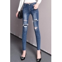 Womens New Fashion Solid Color Destroyed Ripped Stretch Skinny Fit Jeans