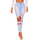 Womens New Fashion Destroyed Ripped Big Hole Stretch Super Skinny Fit Light Blue Jeans