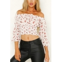 Womens New Trendy Floral Printed Scoop Neck Ruffle Sleeve White Cropped Blouse Top