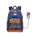 Trendy Letter Floral Printed Creative USB Charging School Bag Backpack 30*13*43 CM