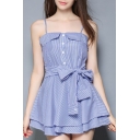 Blue Striped Printed Button Front Bow-Tied Waist Fake Two-Piece Mini A-Line Slip Dress