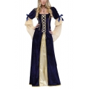 Womens Vintage Medieval Costume Square Neck Long Sleeve Lace Up Cosplay Princess Maxi Blue Dress