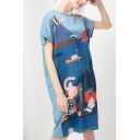Girls Summer Blue Cartoon Printed Basic Round Neck Short Sleeve Midi T-Shirt Dress