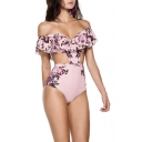 Retro Floral Printed Off the Shoulder Cutout Pink One Piece Swimwear